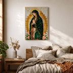 A devotional depiction of the Virgen de Guadalupe standing in prayer with hands clasped, wearing a rose pink gown and a teal mantle covered with gold stars, surrounded by radiant golden sun rays and standing above a crescent moon with a small angel beneath, rendered in a modern Mexican Catholic style with vibrant colors and sacred symbolism.