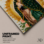 A devotional depiction of the Virgen de Guadalupe standing in prayer with hands clasped, wearing a rose pink gown and a teal mantle covered with gold stars, surrounded by radiant golden sun rays and standing above a crescent moon with a small angel beneath, rendered in a modern Mexican Catholic style with vibrant colors and sacred symbolism.