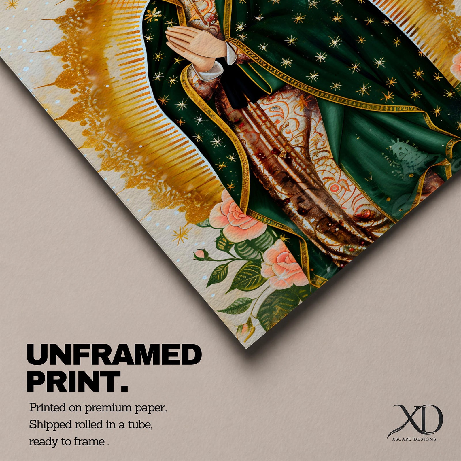 A devotional depiction of the Virgen de Guadalupe standing in prayer with hands clasped, wearing a rose pink gown and a teal mantle covered with gold stars, surrounded by radiant golden sun rays and standing above a crescent moon with a small angel beneath, rendered in a modern Mexican Catholic style with vibrant colors and sacred symbolism.