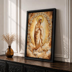 A depiction of the Virgin Mary shown as the Sacred Madonna with a calm expression, surrounded by intricate mosaic and stained glass patterns with floral motifs, rendered in a luminous style with jewel toned colors, detailed geometric pieces, and soft radiant light emphasizing the sacred Marian figure.