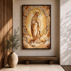 A depiction of the Virgin Mary shown as the Sacred Madonna with a calm expression, surrounded by intricate mosaic and stained glass patterns with floral motifs, rendered in a luminous style with jewel toned colors, detailed geometric pieces, and soft radiant light emphasizing the sacred Marian figure.