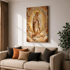 A depiction of the Virgin Mary shown as the Sacred Madonna with a calm expression, surrounded by intricate mosaic and stained glass patterns with floral motifs, rendered in a luminous style with jewel toned colors, detailed geometric pieces, and soft radiant light emphasizing the sacred Marian figure.
