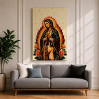 A devotional depiction of Our Lady of Guadalupe standing with hands folded in prayer, wearing a rose pink gown and a teal mantle filled with gold stars, surrounded by radiant golden rays and positioned above a crescent moon with an angel beneath, framed by colorful floral elements in a Mexican Catholic devotional style.