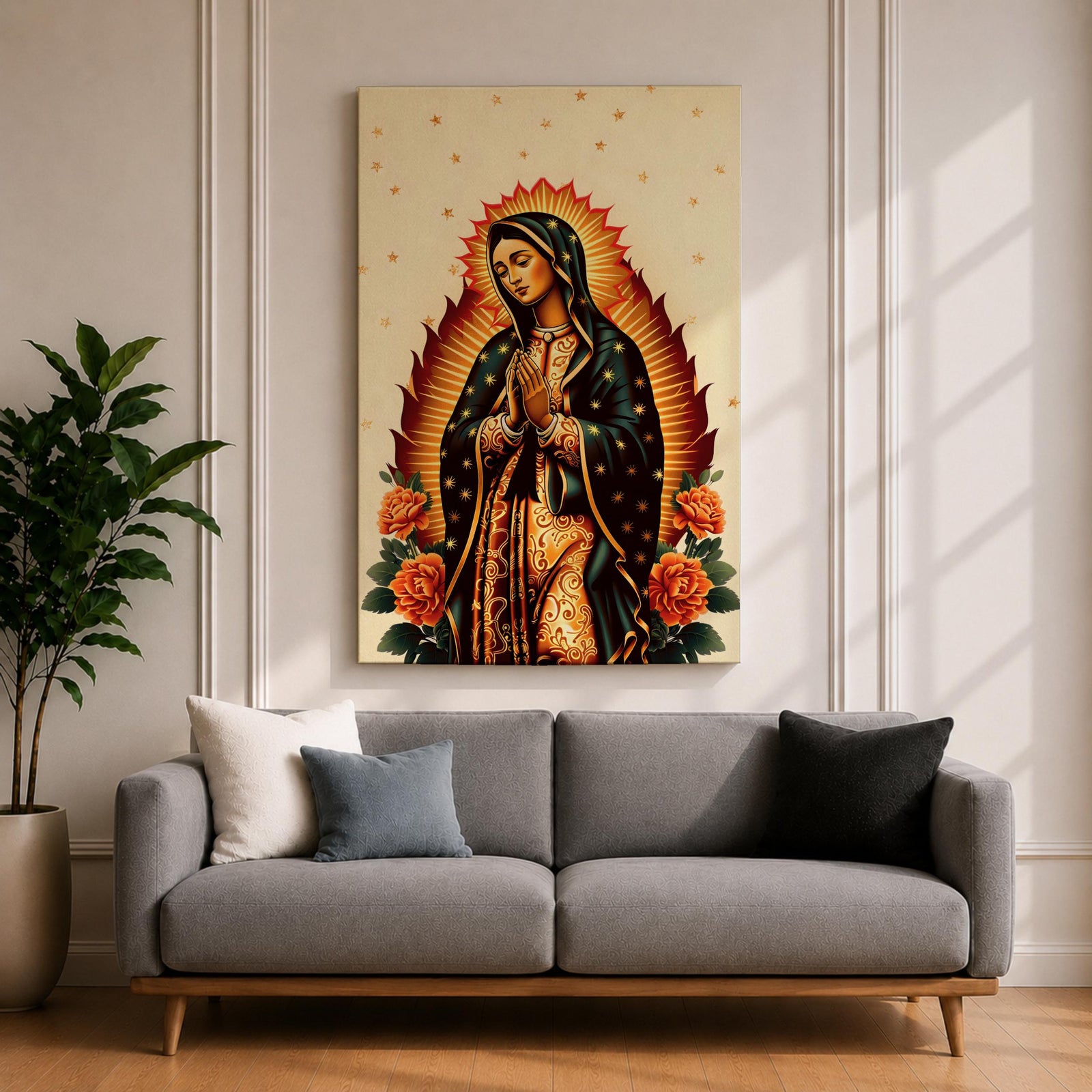 A devotional depiction of Our Lady of Guadalupe standing with hands folded in prayer, wearing a rose pink gown and a teal mantle filled with gold stars, surrounded by radiant golden rays and positioned above a crescent moon with an angel beneath, framed by colorful floral elements in a Mexican Catholic devotional style.