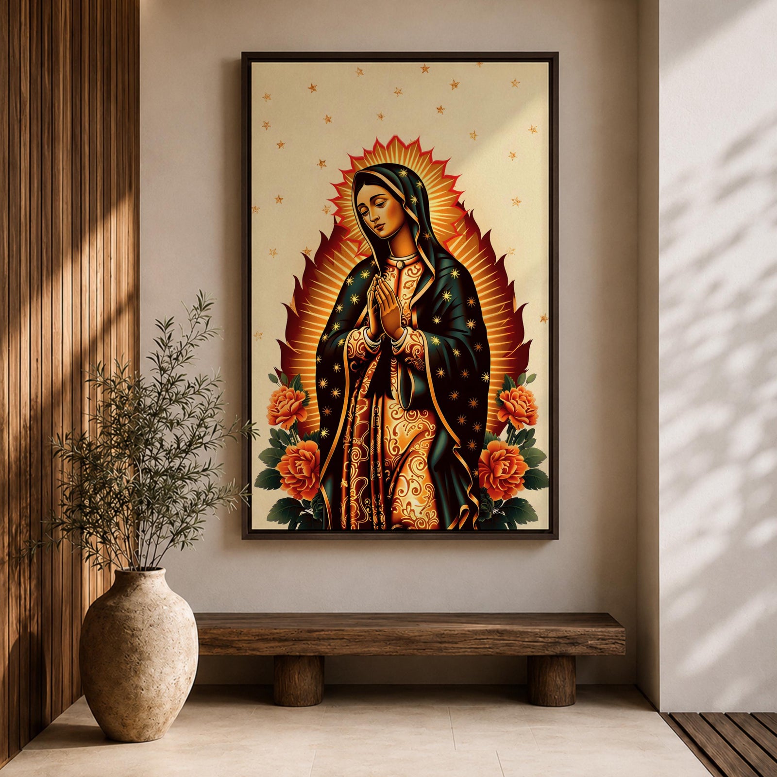 A devotional depiction of Our Lady of Guadalupe standing with hands folded in prayer, wearing a rose pink gown and a teal mantle filled with gold stars, surrounded by radiant golden rays and positioned above a crescent moon with an angel beneath, framed by colorful floral elements in a Mexican Catholic devotional style.