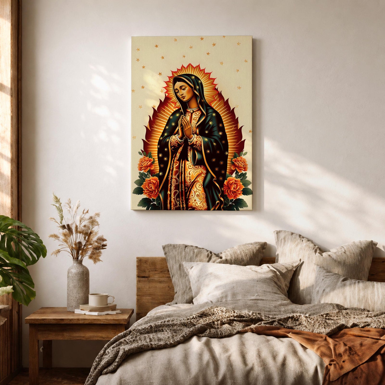 A devotional depiction of Our Lady of Guadalupe standing with hands folded in prayer, wearing a rose pink gown and a teal mantle filled with gold stars, surrounded by radiant golden rays and positioned above a crescent moon with an angel beneath, framed by colorful floral elements in a Mexican Catholic devotional style.