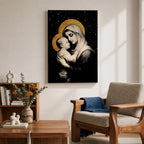 A framed canvas artwork depicting Madonna and Child with golden halos against a starry black background. The image shows the Virgin Mary tenderly holding the infant Jesus, rendered in a classical style with detailed shading and a serene expression, emphasizing their close bond.