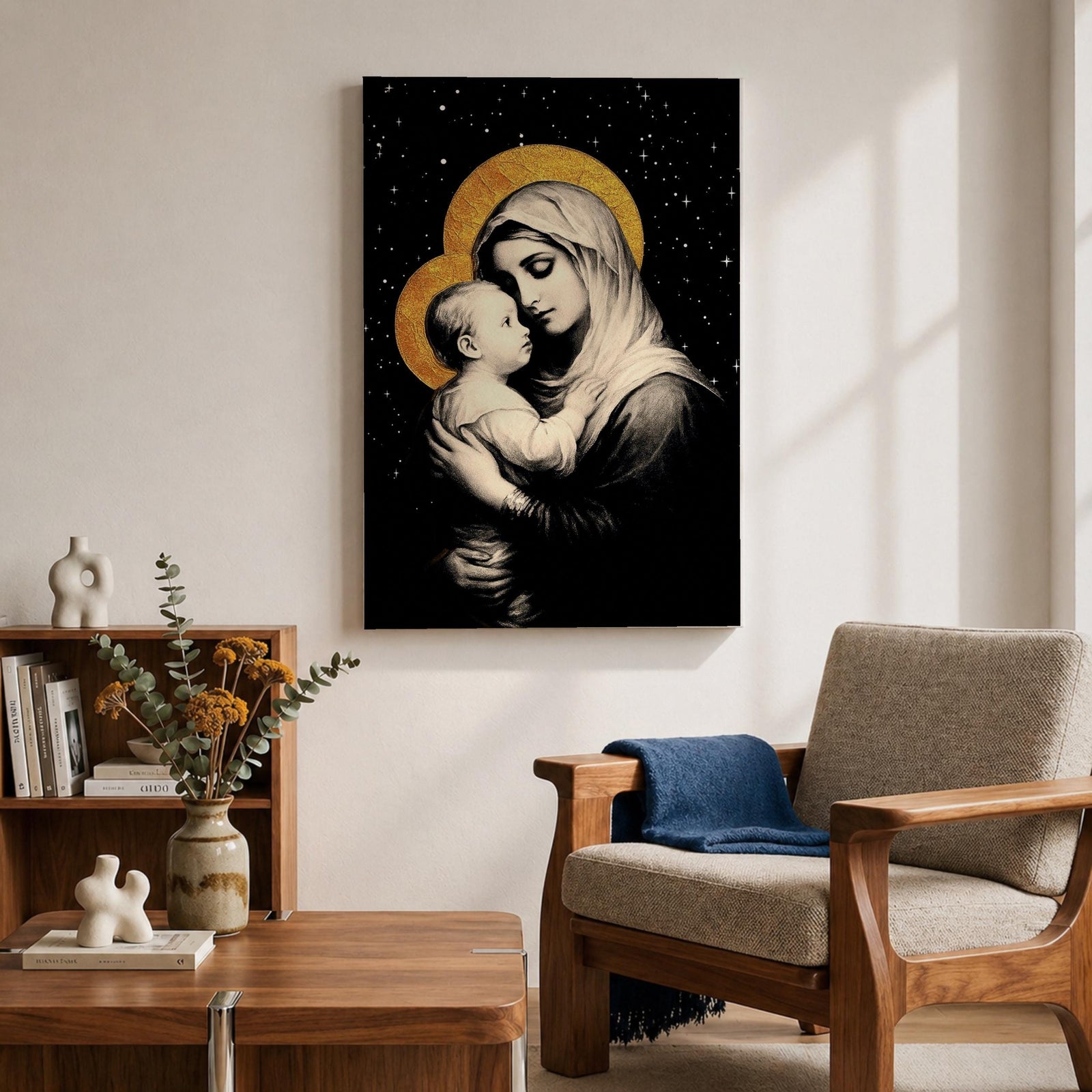 A framed canvas artwork depicting Madonna and Child with golden halos against a starry black background. The image shows the Virgin Mary tenderly holding the infant Jesus, rendered in a classical style with detailed shading and a serene expression, emphasizing their close bond.
