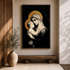 A framed canvas artwork depicting Madonna and Child with golden halos against a starry black background. The image shows the Virgin Mary tenderly holding the infant Jesus, rendered in a classical style with detailed shading and a serene expression, emphasizing their close bond.
