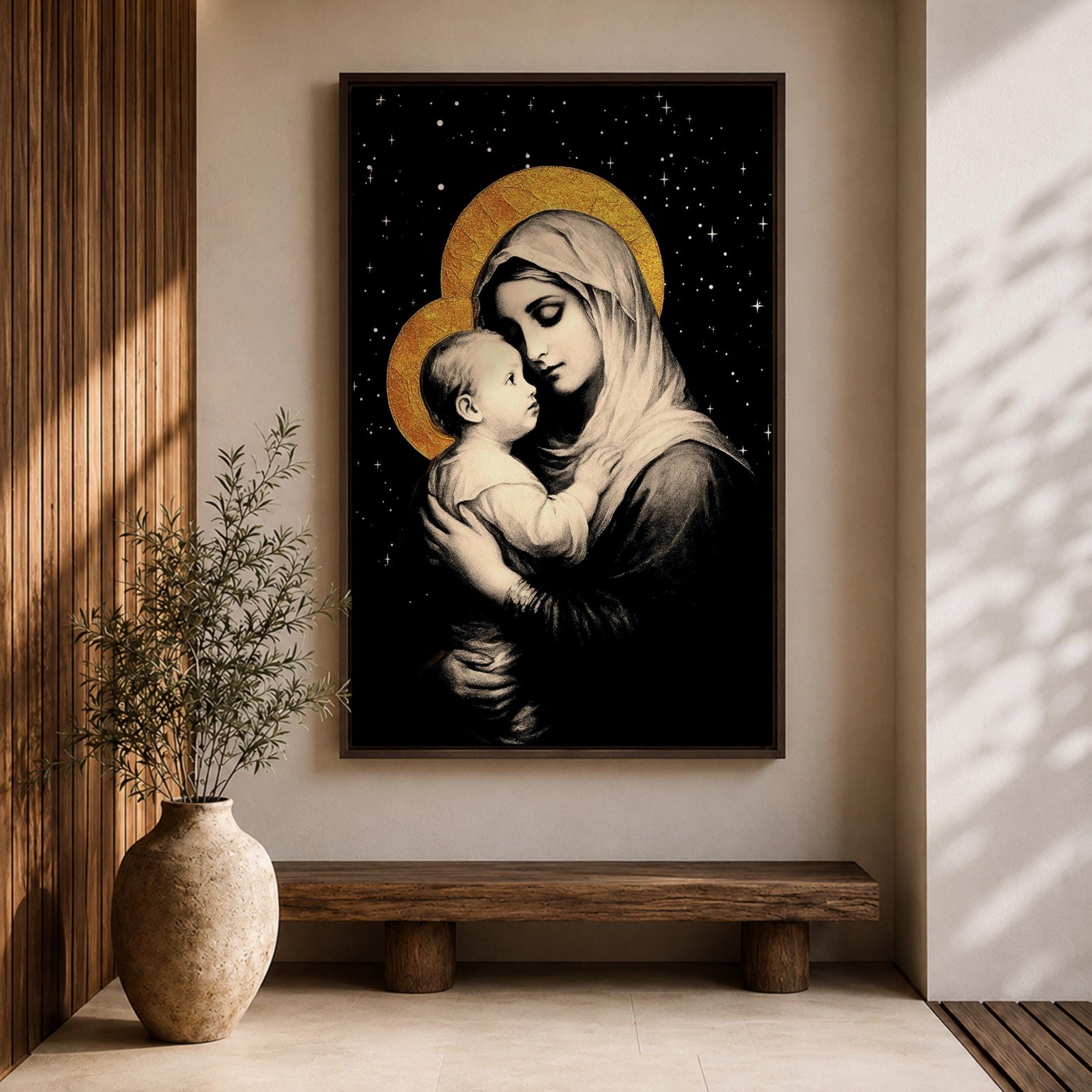 A framed canvas artwork depicting Madonna and Child with golden halos against a starry black background. The image shows the Virgin Mary tenderly holding the infant Jesus, rendered in a classical style with detailed shading and a serene expression, emphasizing their close bond.