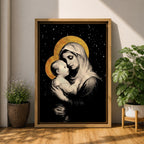 A framed canvas artwork depicting Madonna and Child with golden halos against a starry black background. The image shows the Virgin Mary tenderly holding the infant Jesus, rendered in a classical style with detailed shading and a serene expression, emphasizing their close bond.