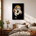A framed canvas artwork depicting Madonna and Child with golden halos against a starry black background. The image shows the Virgin Mary tenderly holding the infant Jesus, rendered in a classical style with detailed shading and a serene expression, emphasizing their close bond.