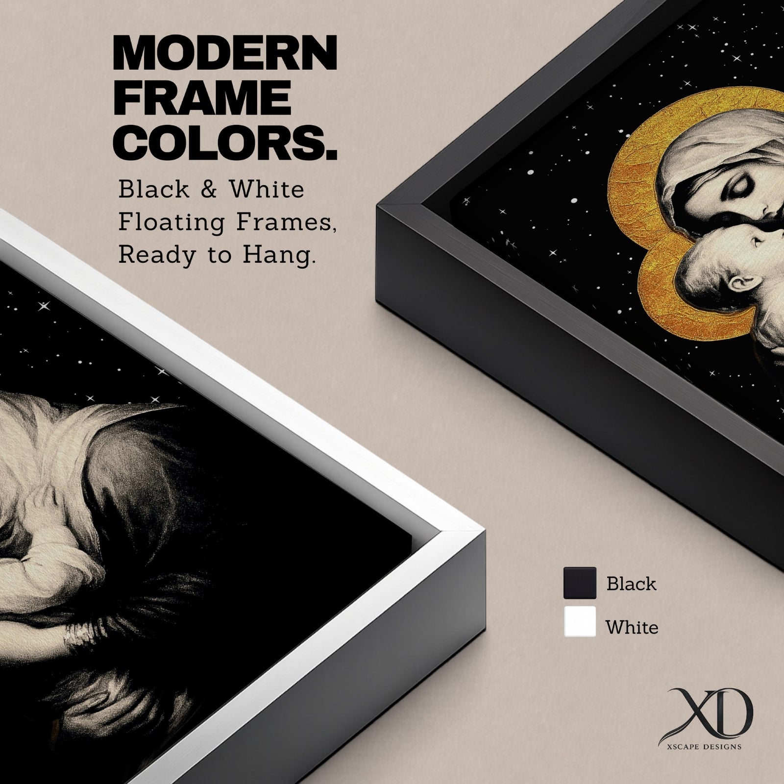 A framed canvas artwork depicting Madonna and Child with golden halos against a starry black background. The image shows the Virgin Mary tenderly holding the infant Jesus, rendered in a classical style with detailed shading and a serene expression, emphasizing their close bond.