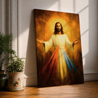 A devotional depiction of Jesus as the Divine Mercy standing with one hand raised in blessing and the other pointing to his heart, from which two radiant rays of red and pale light stream forward, rendered in traditional Catholic devotional style with soft glowing light and reverent composition centered on the Merciful Savior.