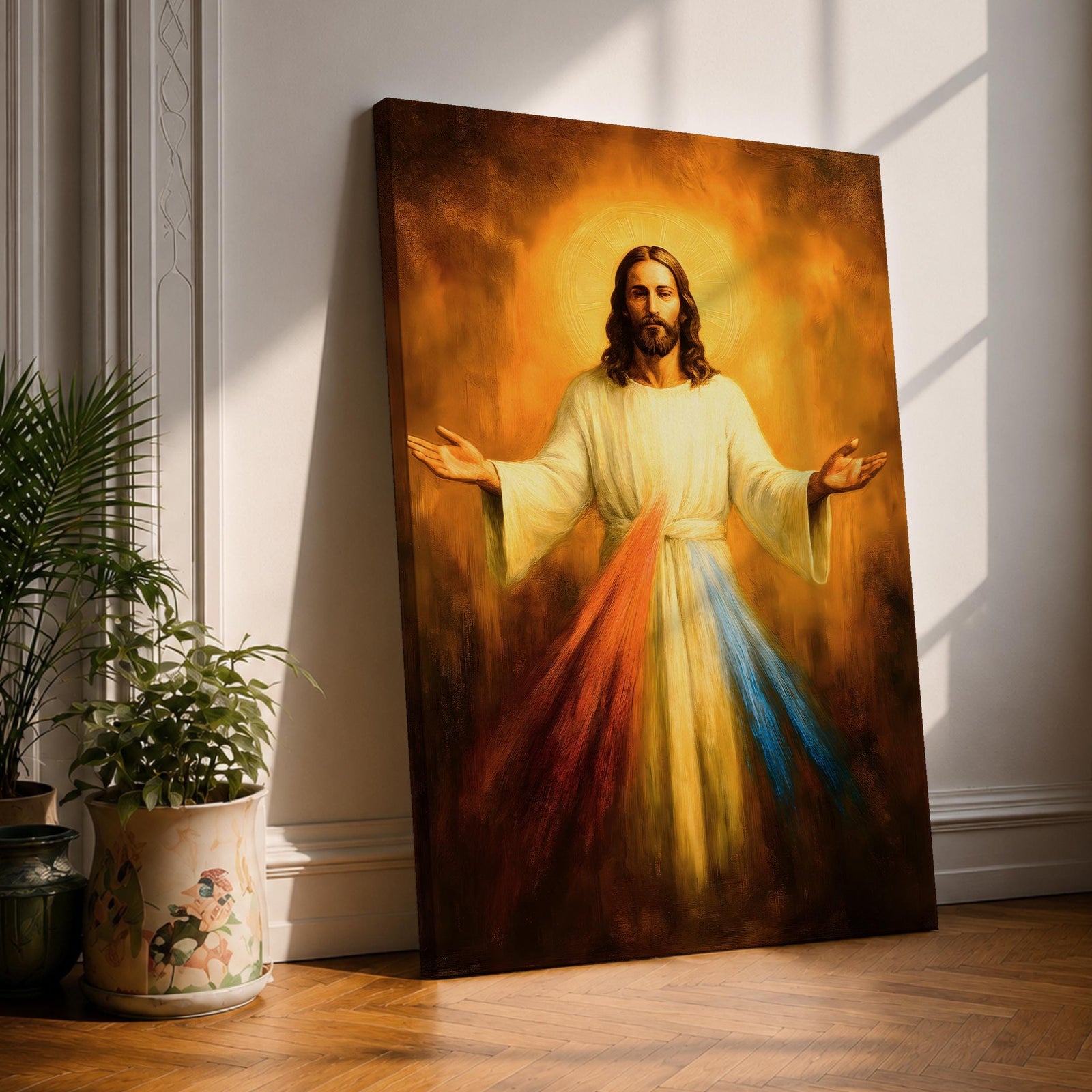 A devotional depiction of Jesus as the Divine Mercy standing with one hand raised in blessing and the other pointing to his heart, from which two radiant rays of red and pale light stream forward, rendered in traditional Catholic devotional style with soft glowing light and reverent composition centered on the Merciful Savior.