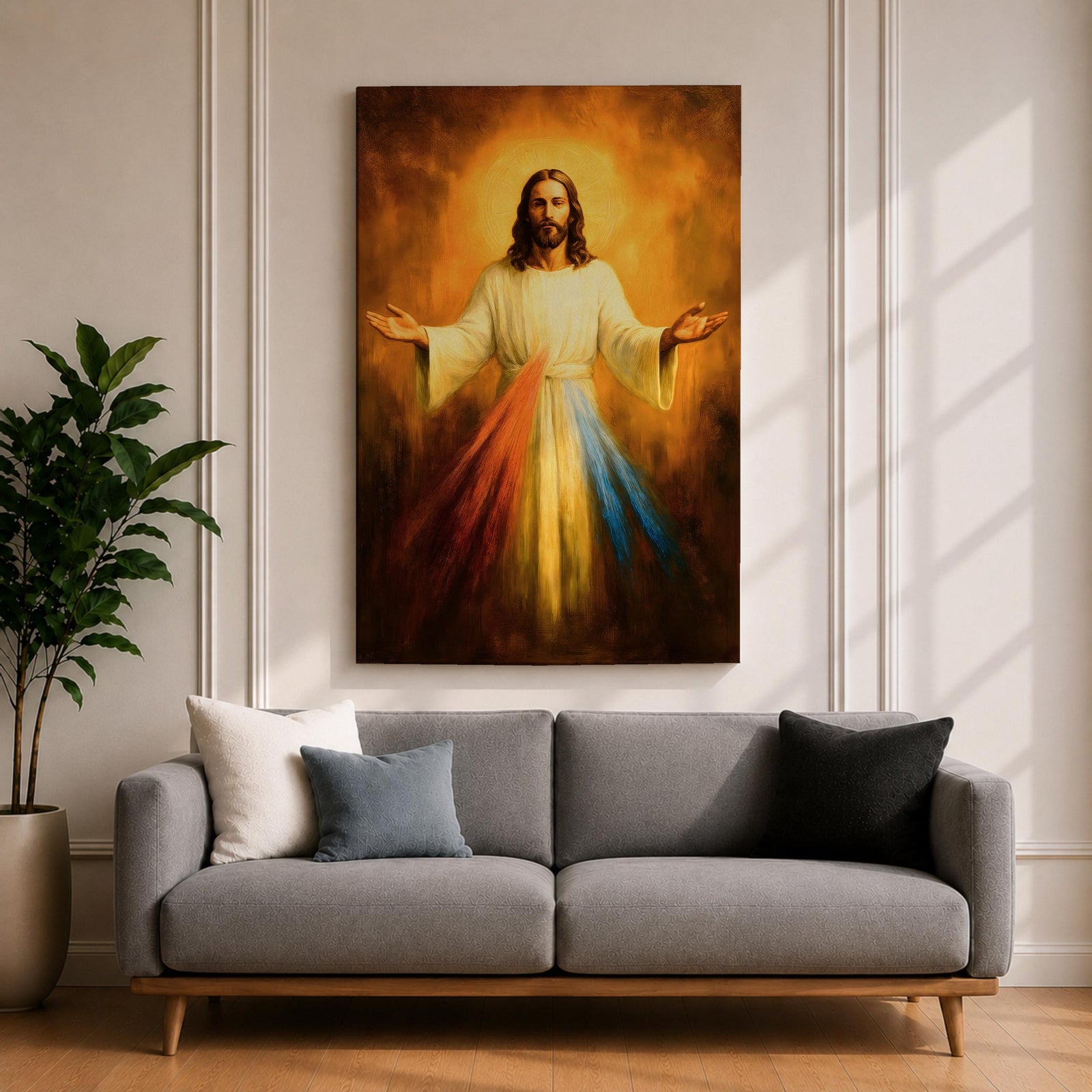 A devotional depiction of Jesus as the Divine Mercy standing with one hand raised in blessing and the other pointing to his heart, from which two radiant rays of red and pale light stream forward, rendered in traditional Catholic devotional style with soft glowing light and reverent composition centered on the Merciful Savior.