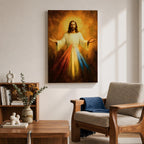A devotional depiction of Jesus as the Divine Mercy standing with one hand raised in blessing and the other pointing to his heart, from which two radiant rays of red and pale light stream forward, rendered in traditional Catholic devotional style with soft glowing light and reverent composition centered on the Merciful Savior.