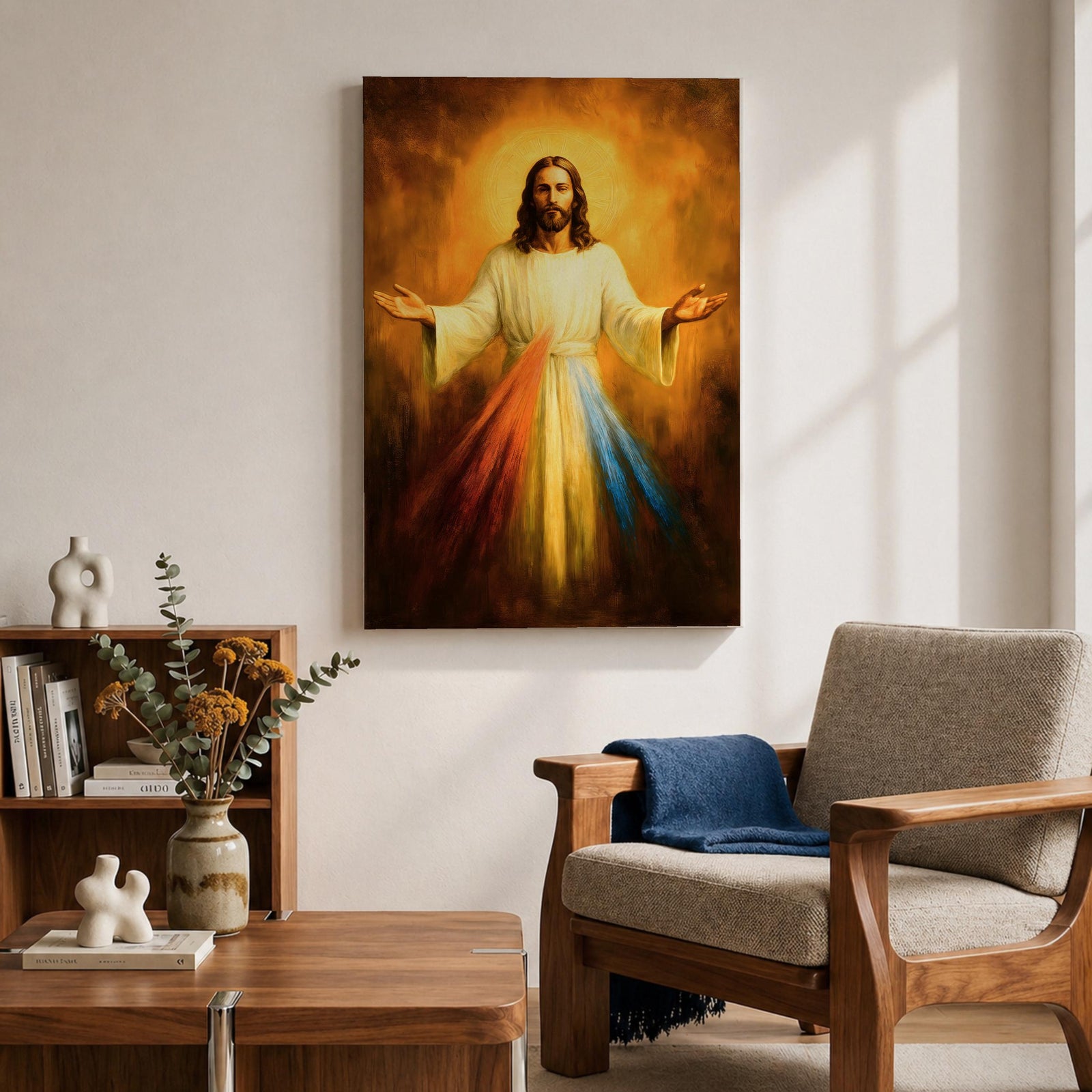 A devotional depiction of Jesus as the Divine Mercy standing with one hand raised in blessing and the other pointing to his heart, from which two radiant rays of red and pale light stream forward, rendered in traditional Catholic devotional style with soft glowing light and reverent composition centered on the Merciful Savior.