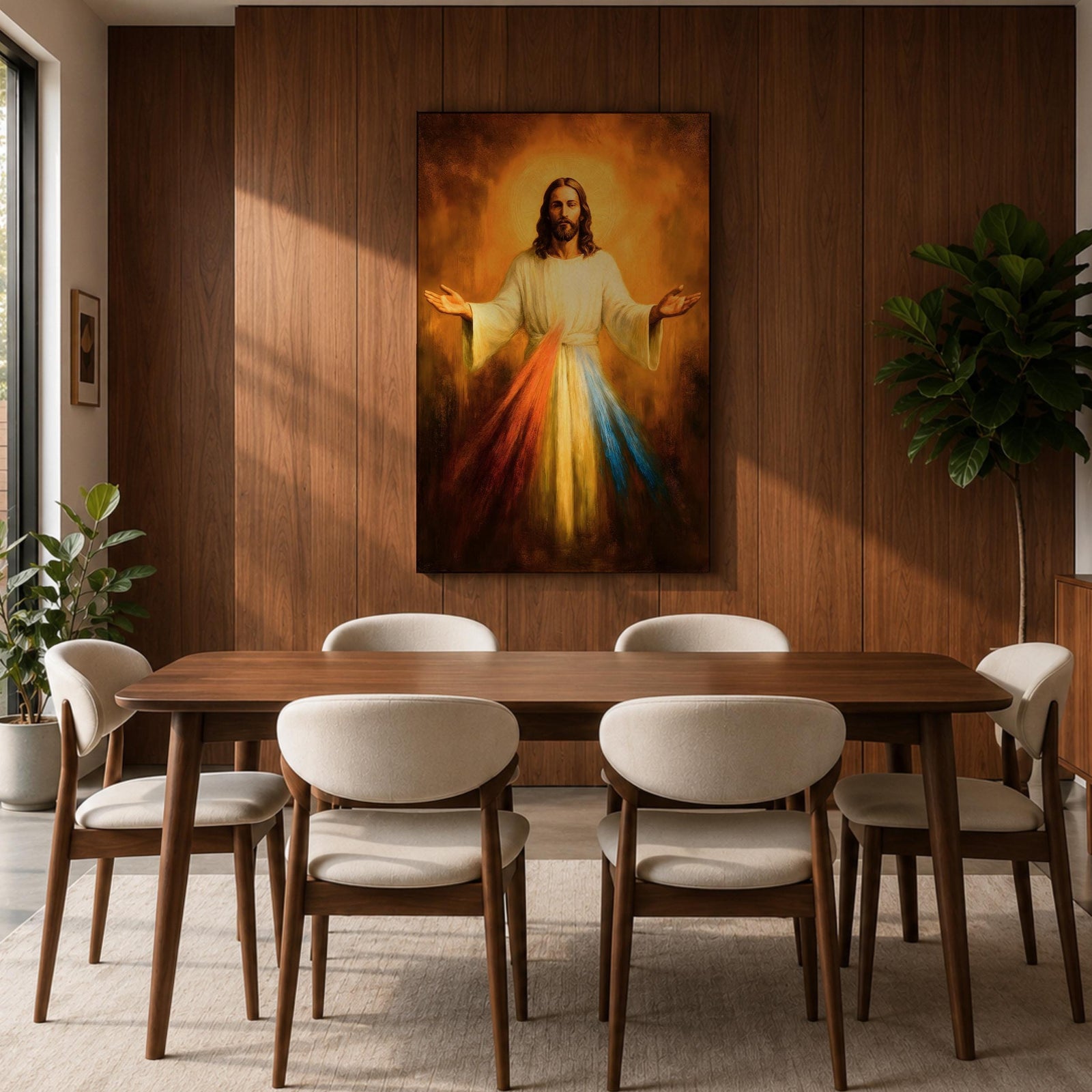 A devotional depiction of Jesus as the Divine Mercy standing with one hand raised in blessing and the other pointing to his heart, from which two radiant rays of red and pale light stream forward, rendered in traditional Catholic devotional style with soft glowing light and reverent composition centered on the Merciful Savior.