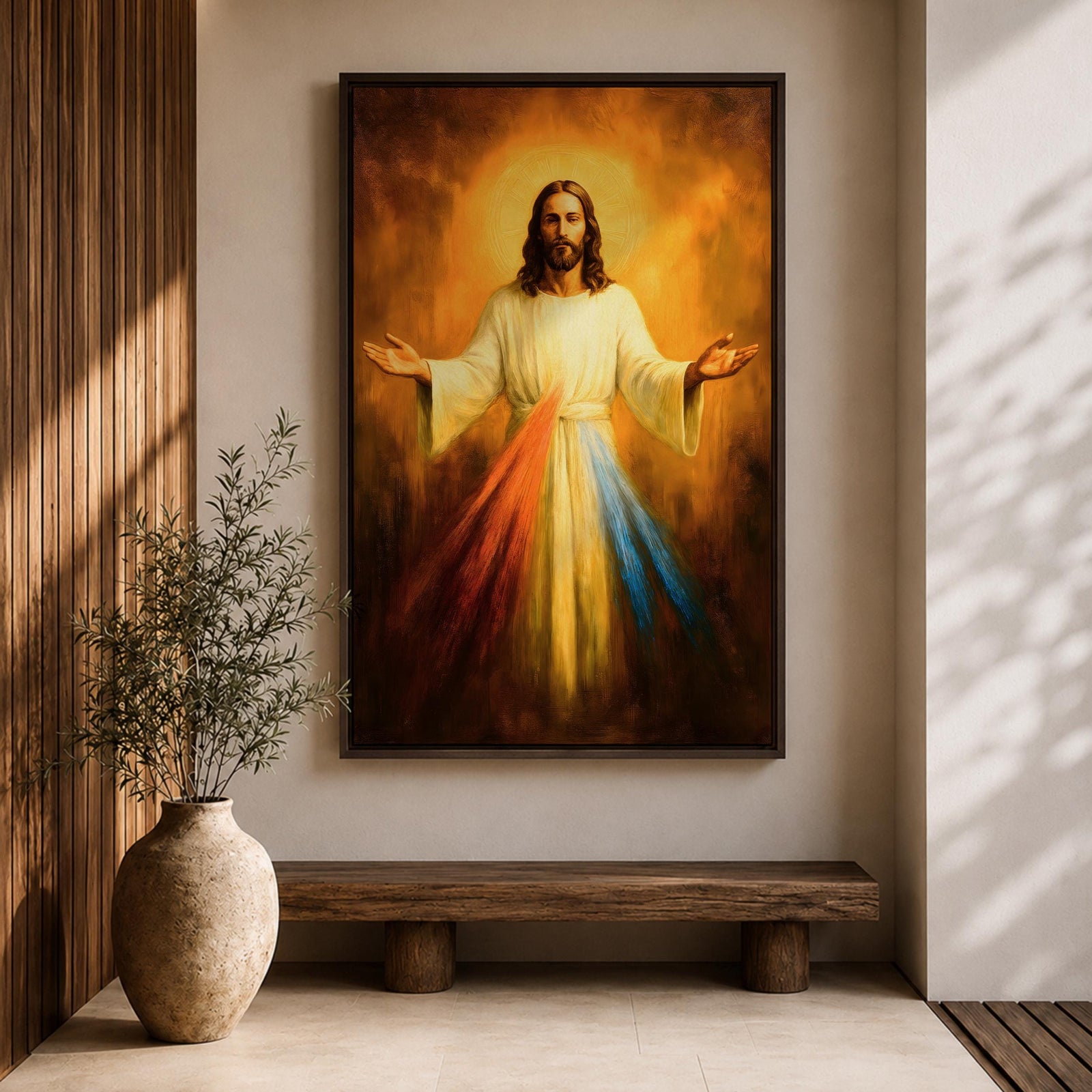 A devotional depiction of Jesus as the Divine Mercy standing with one hand raised in blessing and the other pointing to his heart, from which two radiant rays of red and pale light stream forward, rendered in traditional Catholic devotional style with soft glowing light and reverent composition centered on the Merciful Savior.