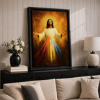A devotional depiction of Jesus as the Divine Mercy standing with one hand raised in blessing and the other pointing to his heart, from which two radiant rays of red and pale light stream forward, rendered in traditional Catholic devotional style with soft glowing light and reverent composition centered on the Merciful Savior.