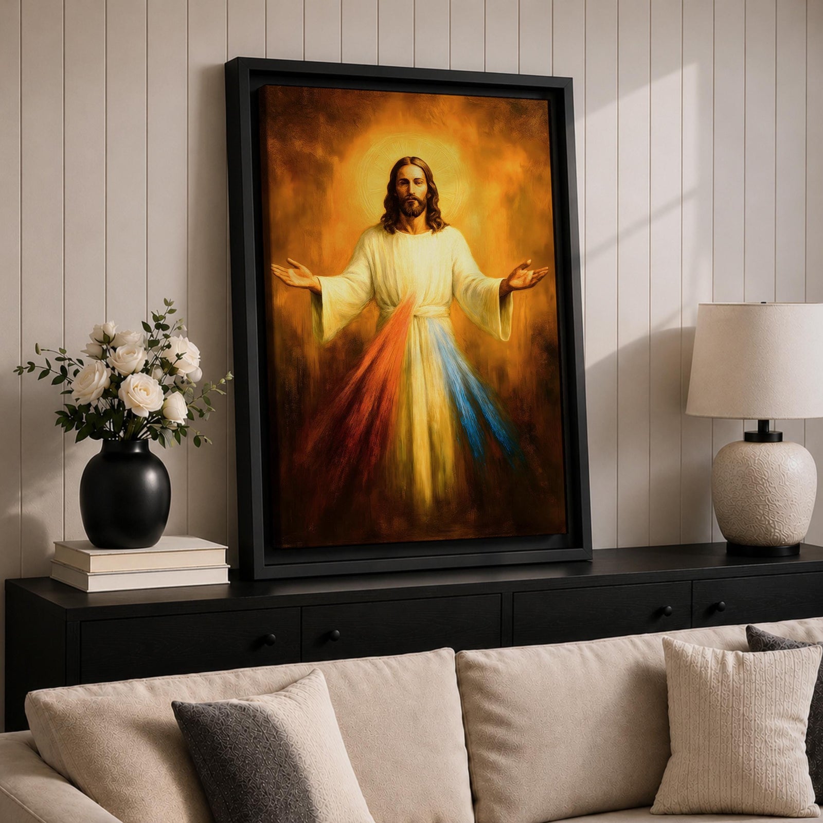 A devotional depiction of Jesus as the Divine Mercy standing with one hand raised in blessing and the other pointing to his heart, from which two radiant rays of red and pale light stream forward, rendered in traditional Catholic devotional style with soft glowing light and reverent composition centered on the Merciful Savior.