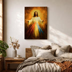 A devotional depiction of Jesus as the Divine Mercy standing with one hand raised in blessing and the other pointing to his heart, from which two radiant rays of red and pale light stream forward, rendered in traditional Catholic devotional style with soft glowing light and reverent composition centered on the Merciful Savior.