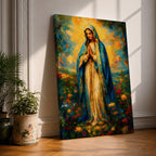 An impressionist style painting of the Virgin Mary standing with hands clasped in prayer, draped in a blue cloak and surrounded by colorful floral elements. The artwork captures a soft, textured brushstroke technique emphasizing spiritual reverence and vibrant natural surroundings.