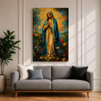 An impressionist style painting of the Virgin Mary standing with hands clasped in prayer, draped in a blue cloak and surrounded by colorful floral elements. The artwork captures a soft, textured brushstroke technique emphasizing spiritual reverence and vibrant natural surroundings.