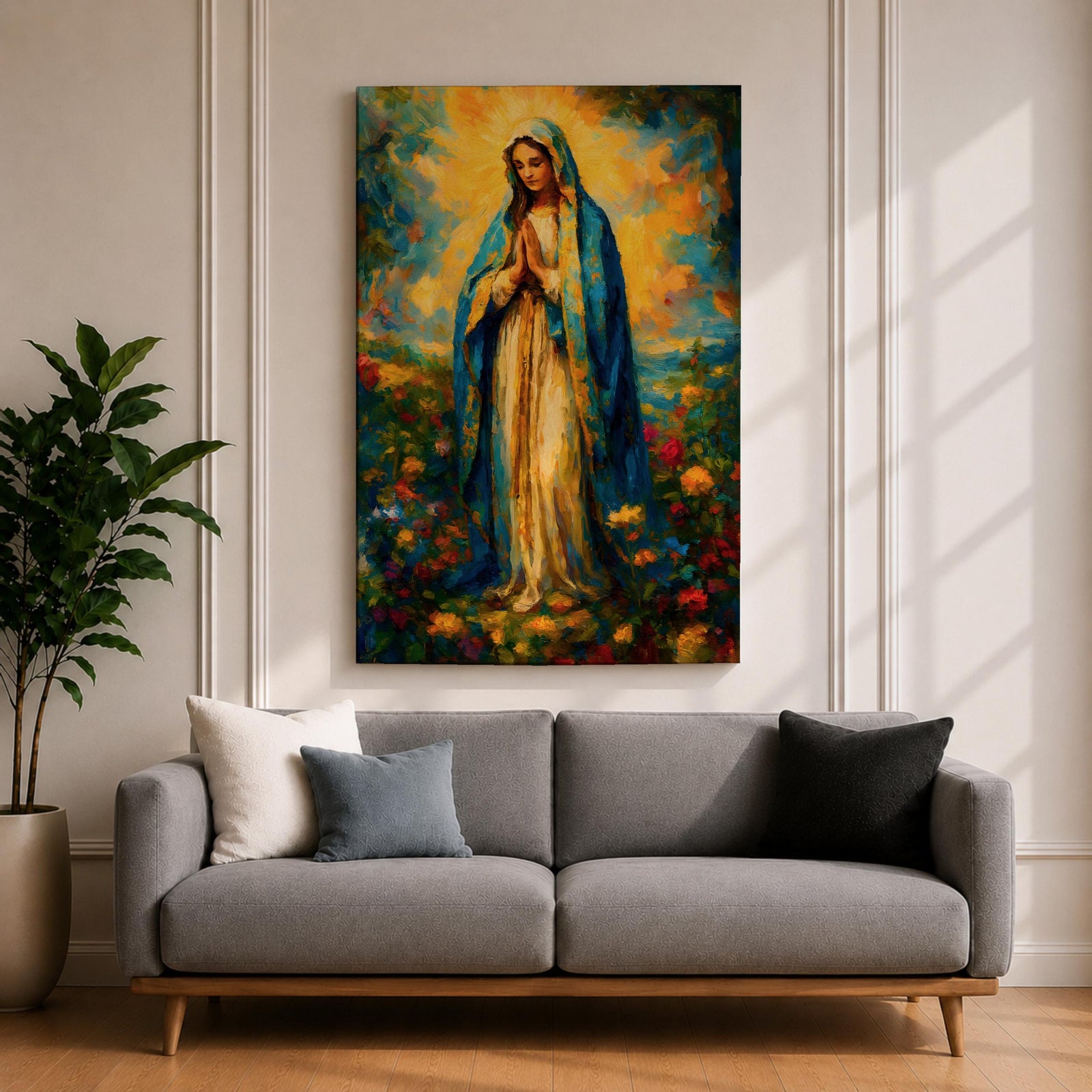 An impressionist style painting of the Virgin Mary standing with hands clasped in prayer, draped in a blue cloak and surrounded by colorful floral elements. The artwork captures a soft, textured brushstroke technique emphasizing spiritual reverence and vibrant natural surroundings.