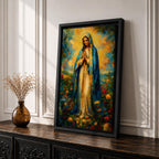 An impressionist style painting of the Virgin Mary standing with hands clasped in prayer, draped in a blue cloak and surrounded by colorful floral elements. The artwork captures a soft, textured brushstroke technique emphasizing spiritual reverence and vibrant natural surroundings.