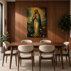 An impressionist style painting of the Virgin Mary standing with hands clasped in prayer, draped in a blue cloak and surrounded by colorful floral elements. The artwork captures a soft, textured brushstroke technique emphasizing spiritual reverence and vibrant natural surroundings.