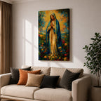 An impressionist style painting of the Virgin Mary standing with hands clasped in prayer, draped in a blue cloak and surrounded by colorful floral elements. The artwork captures a soft, textured brushstroke technique emphasizing spiritual reverence and vibrant natural surroundings.