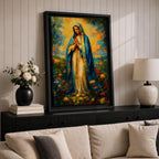 An impressionist style painting of the Virgin Mary standing with hands clasped in prayer, draped in a blue cloak and surrounded by colorful floral elements. The artwork captures a soft, textured brushstroke technique emphasizing spiritual reverence and vibrant natural surroundings.