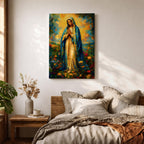 An impressionist style painting of the Virgin Mary standing with hands clasped in prayer, draped in a blue cloak and surrounded by colorful floral elements. The artwork captures a soft, textured brushstroke technique emphasizing spiritual reverence and vibrant natural surroundings.