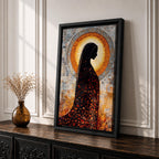 A depiction of the Virgin Mary shown in prayer with hands gently clasped and head bowed, rendered as a Blessed Madonna in an abstract Marian style with flowing shapes, soft layered textures, and luminous tones that form a serene composition centered on the contemplative figure of the praying Virgin Mary.