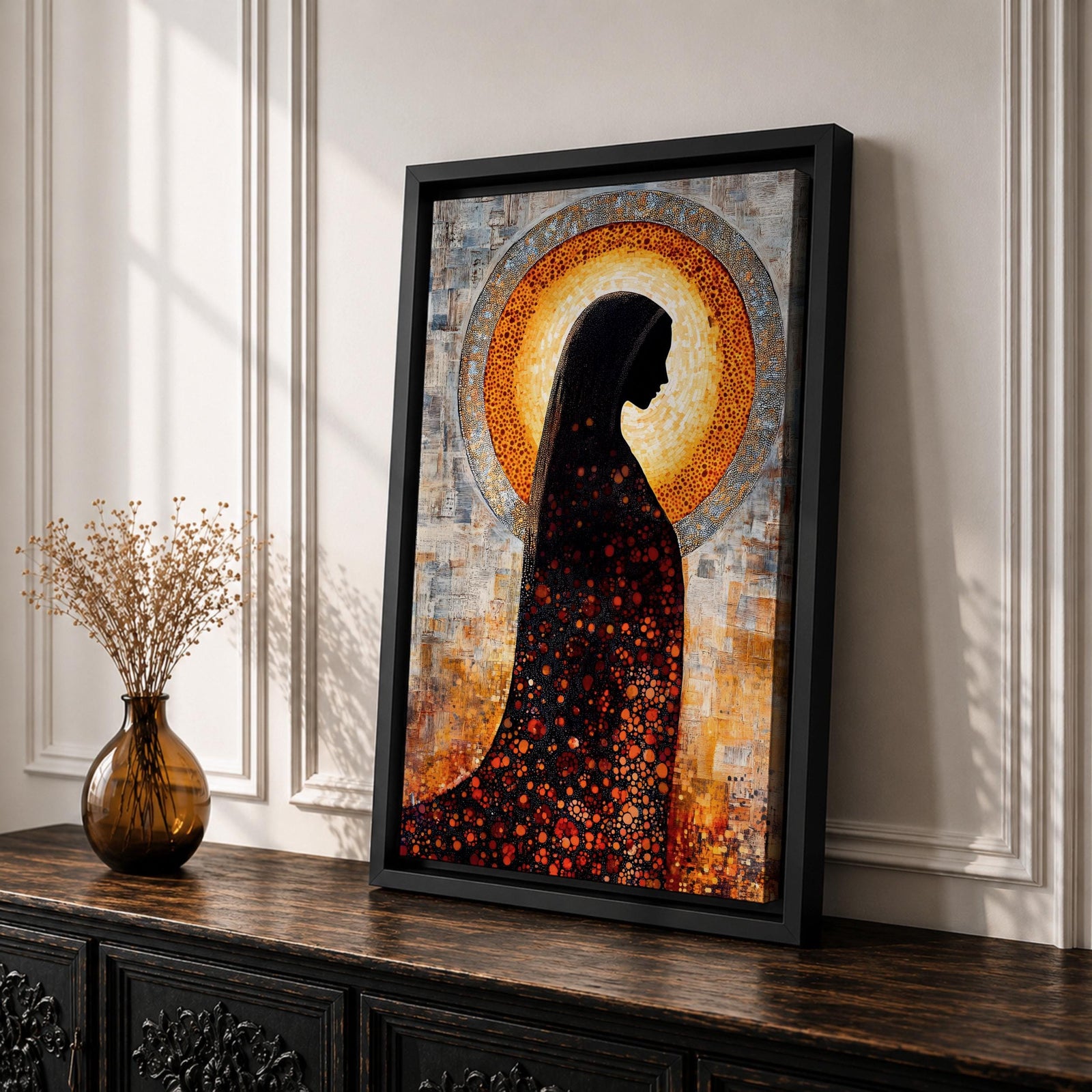 A depiction of the Virgin Mary shown in prayer with hands gently clasped and head bowed, rendered as a Blessed Madonna in an abstract Marian style with flowing shapes, soft layered textures, and luminous tones that form a serene composition centered on the contemplative figure of the praying Virgin Mary.