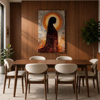 A depiction of the Virgin Mary shown in prayer with hands gently clasped and head bowed, rendered as a Blessed Madonna in an abstract Marian style with flowing shapes, soft layered textures, and luminous tones that form a serene composition centered on the contemplative figure of the praying Virgin Mary.