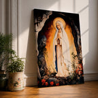 A devotional depiction of Our Lady of Lourdes standing in prayer within a rocky grotto, wearing a flowing white robe with a pale blue sash and veil, hands clasped and eyes gently lowered, with delicate roses near her feet and soft radiant light surrounding the figure, rendered in traditional Catholic Marian devotional style.