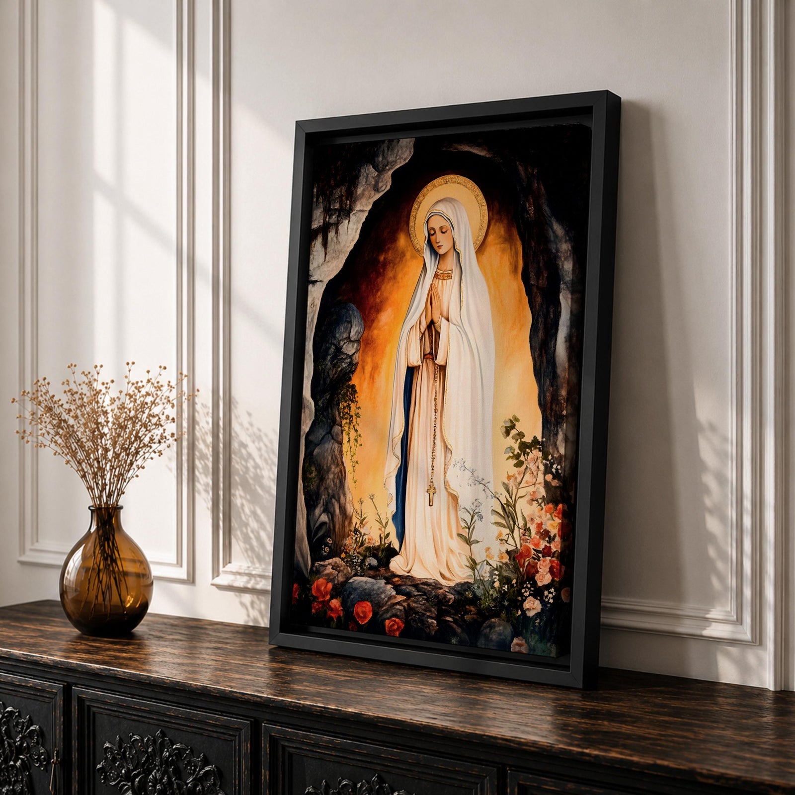 A devotional depiction of Our Lady of Lourdes standing in prayer within a rocky grotto, wearing a flowing white robe with a pale blue sash and veil, hands clasped and eyes gently lowered, with delicate roses near her feet and soft radiant light surrounding the figure, rendered in traditional Catholic Marian devotional style.