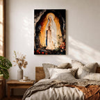 A devotional depiction of Our Lady of Lourdes standing in prayer within a rocky grotto, wearing a flowing white robe with a pale blue sash and veil, hands clasped and eyes gently lowered, with delicate roses near her feet and soft radiant light surrounding the figure, rendered in traditional Catholic Marian devotional style.