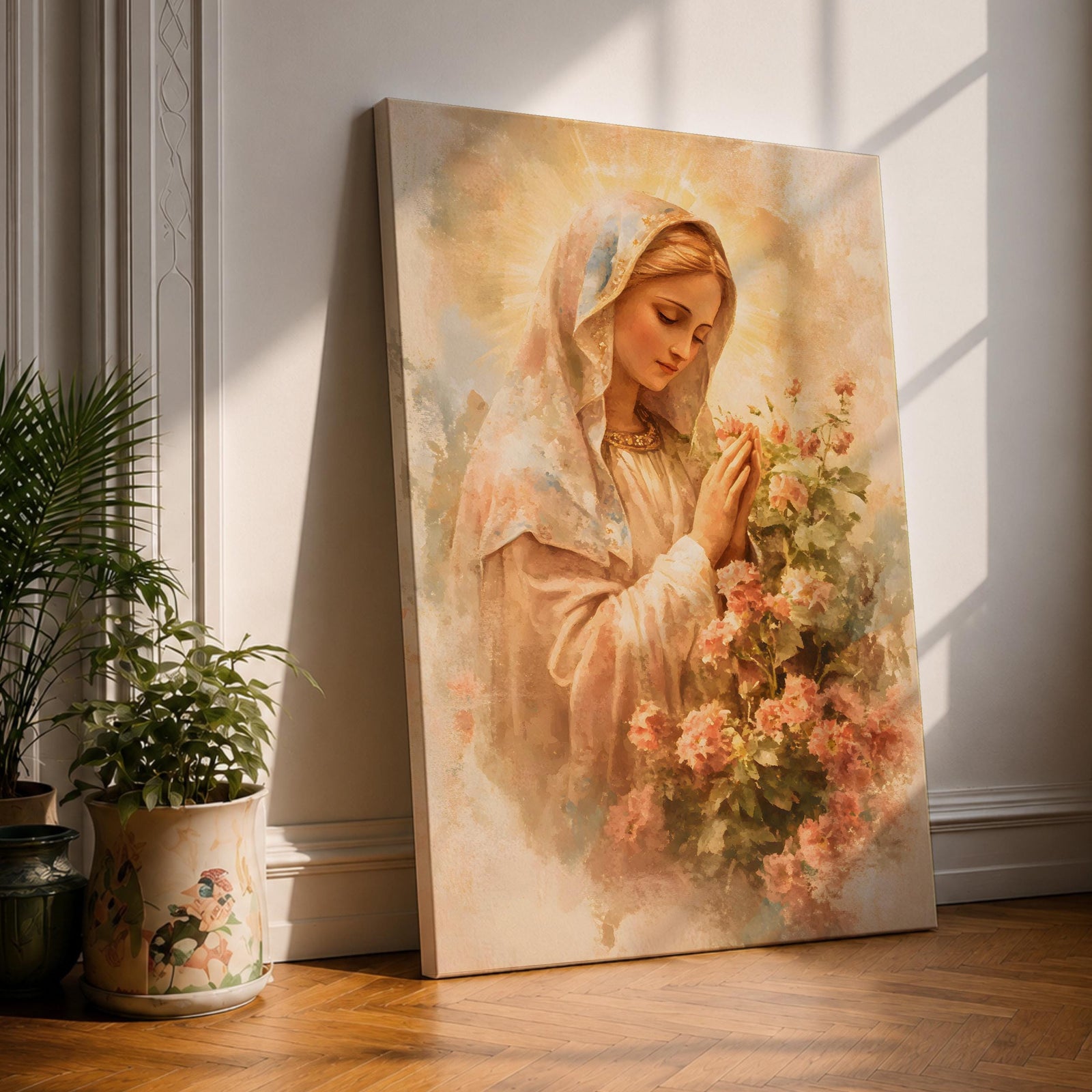A vintage-style framed canvas painting of the Virgin Mary, also known as Madonna, depicted with hands clasped in prayer surrounded by soft floral elements. The artwork features warm tones and a classic Christian theme, emphasizing devotion and serenity.