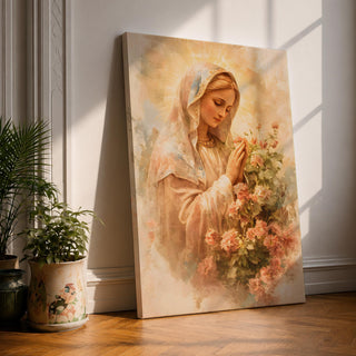 A vintage-style framed canvas painting of the Virgin Mary, also known as Madonna, depicted with hands clasped in prayer surrounded by soft floral elements. The artwork features warm tones and a classic Christian theme, emphasizing devotion and serenity.