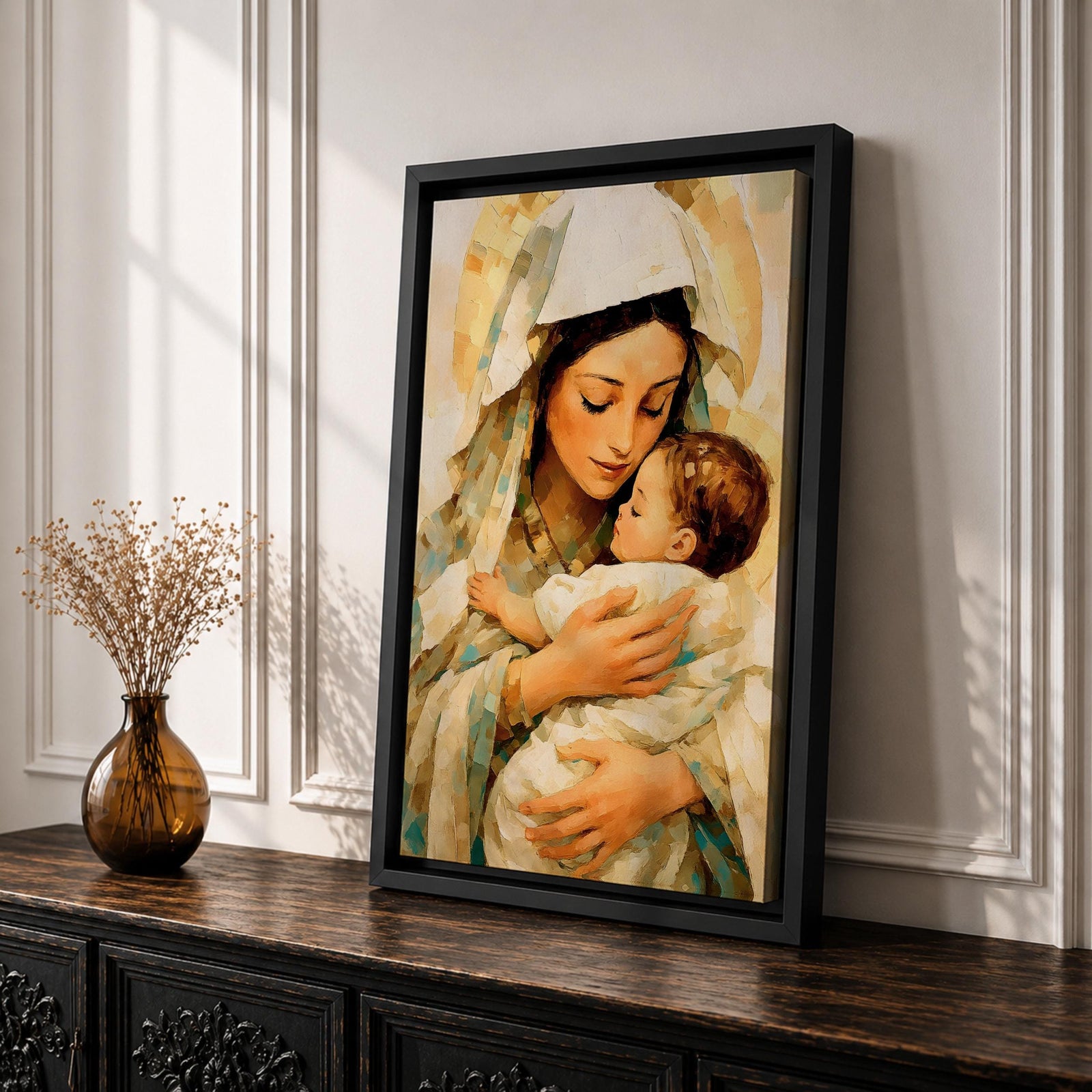 Classic devotional illustration of Mary holding the infant Jesus in a tender embrace, portraying the Madonna and Child with gentle expressions, Mary draped in flowing blue robes with a soft halo while baby Jesus rests in her arms, rendered in warm antique tones with delicate shading and a traditional Catholic sacred family composition.