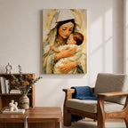 Classic devotional illustration of Mary holding the infant Jesus in a tender embrace, portraying the Madonna and Child with gentle expressions, Mary draped in flowing blue robes with a soft halo while baby Jesus rests in her arms, rendered in warm antique tones with delicate shading and a traditional Catholic sacred family composition.