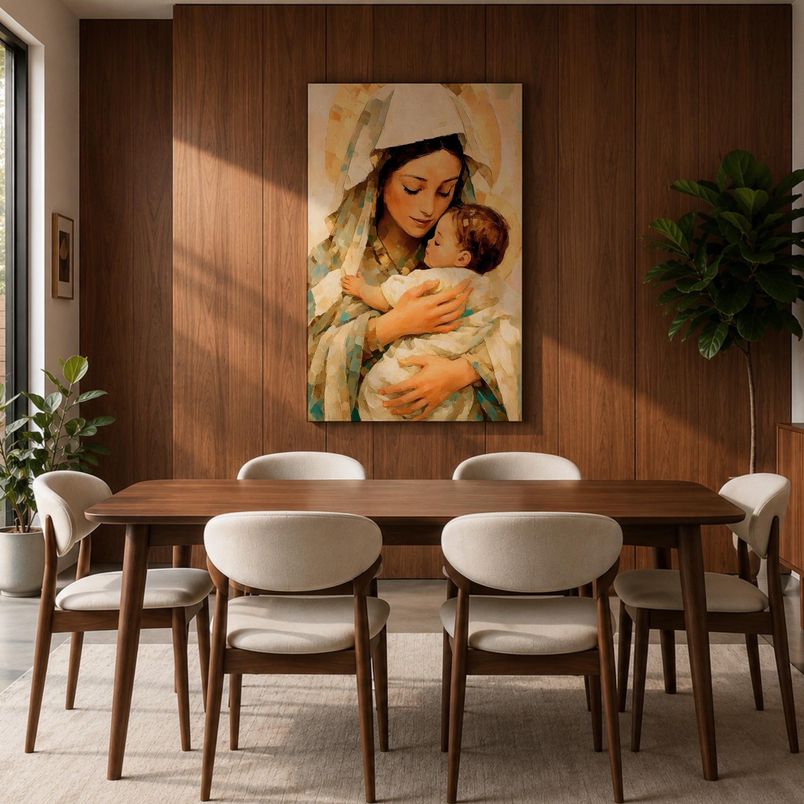 Classic devotional illustration of Mary holding the infant Jesus in a tender embrace, portraying the Madonna and Child with gentle expressions, Mary draped in flowing blue robes with a soft halo while baby Jesus rests in her arms, rendered in warm antique tones with delicate shading and a traditional Catholic sacred family composition.