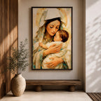 Classic devotional illustration of Mary holding the infant Jesus in a tender embrace, portraying the Madonna and Child with gentle expressions, Mary draped in flowing blue robes with a soft halo while baby Jesus rests in her arms, rendered in warm antique tones with delicate shading and a traditional Catholic sacred family composition.