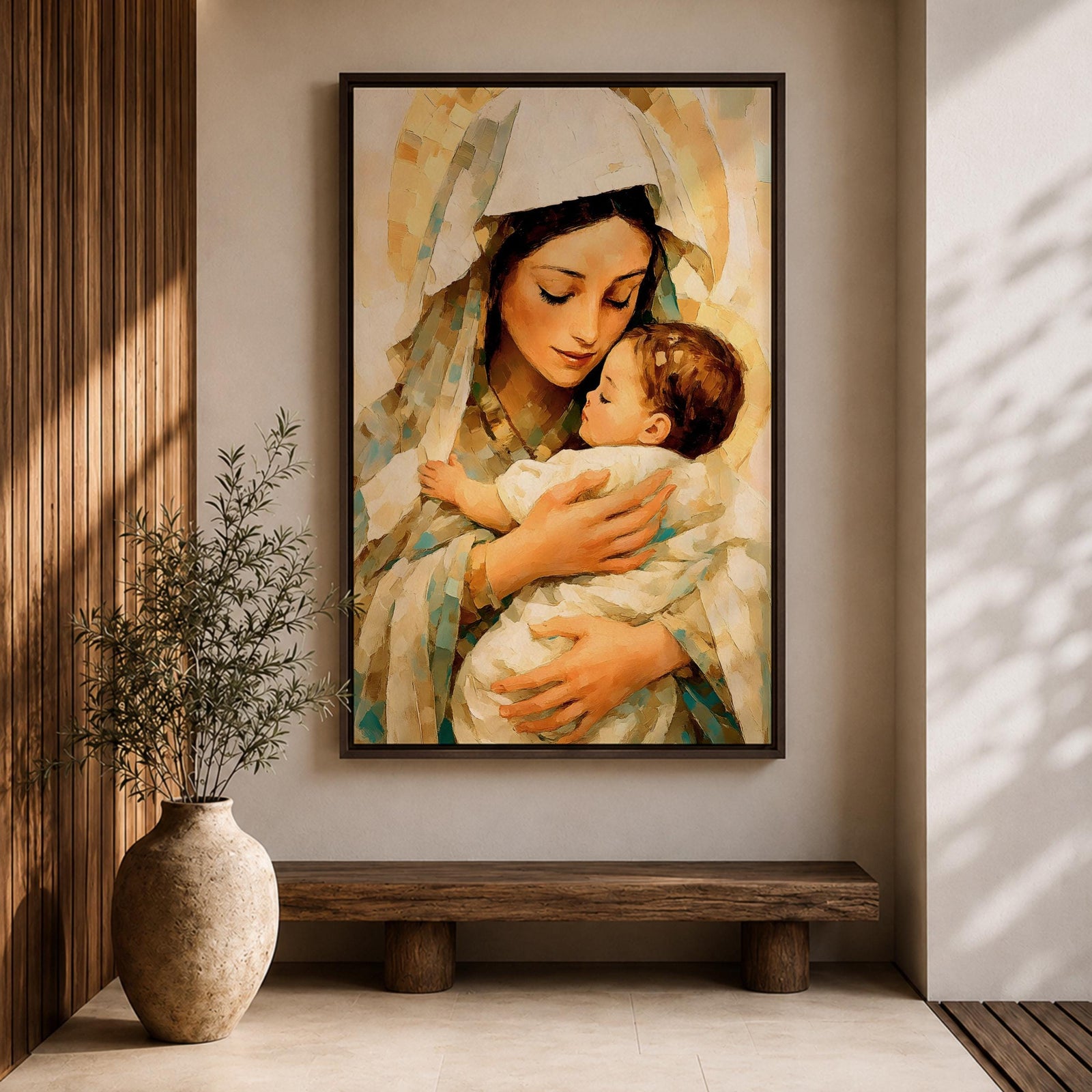Classic devotional illustration of Mary holding the infant Jesus in a tender embrace, portraying the Madonna and Child with gentle expressions, Mary draped in flowing blue robes with a soft halo while baby Jesus rests in her arms, rendered in warm antique tones with delicate shading and a traditional Catholic sacred family composition.