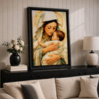 Classic devotional illustration of Mary holding the infant Jesus in a tender embrace, portraying the Madonna and Child with gentle expressions, Mary draped in flowing blue robes with a soft halo while baby Jesus rests in her arms, rendered in warm antique tones with delicate shading and a traditional Catholic sacred family composition.