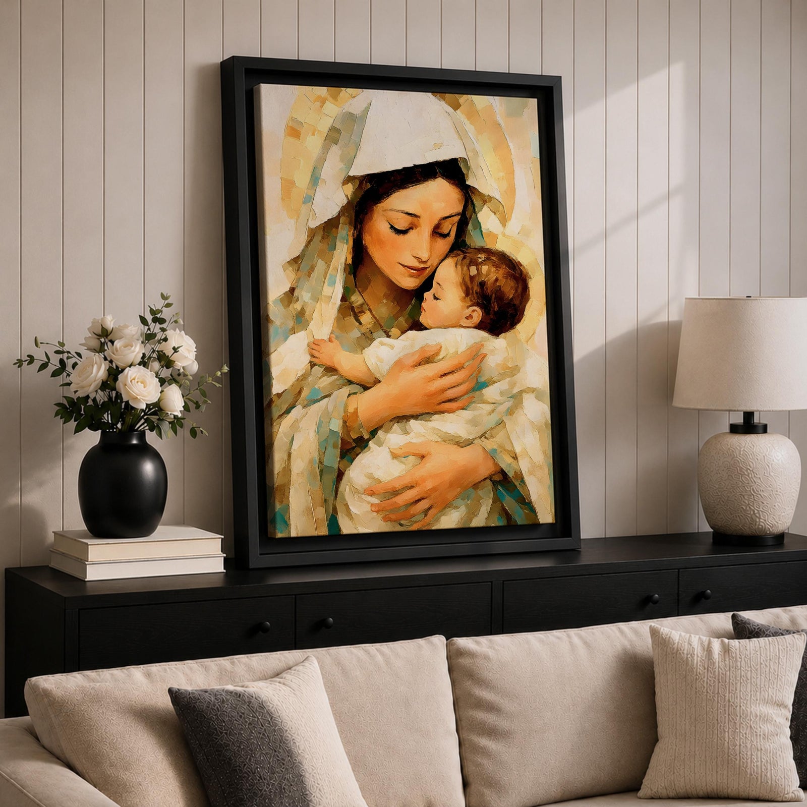 Classic devotional illustration of Mary holding the infant Jesus in a tender embrace, portraying the Madonna and Child with gentle expressions, Mary draped in flowing blue robes with a soft halo while baby Jesus rests in her arms, rendered in warm antique tones with delicate shading and a traditional Catholic sacred family composition.